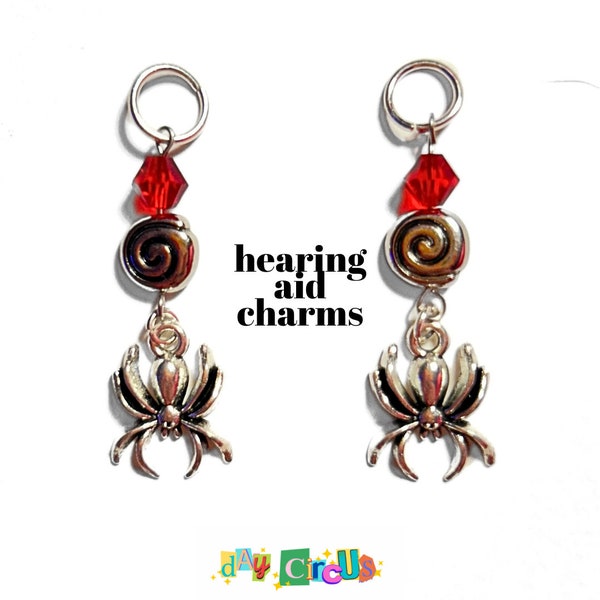 spiral spider hearing aid charms pair, hearing aid earrings, jewelry for HoH