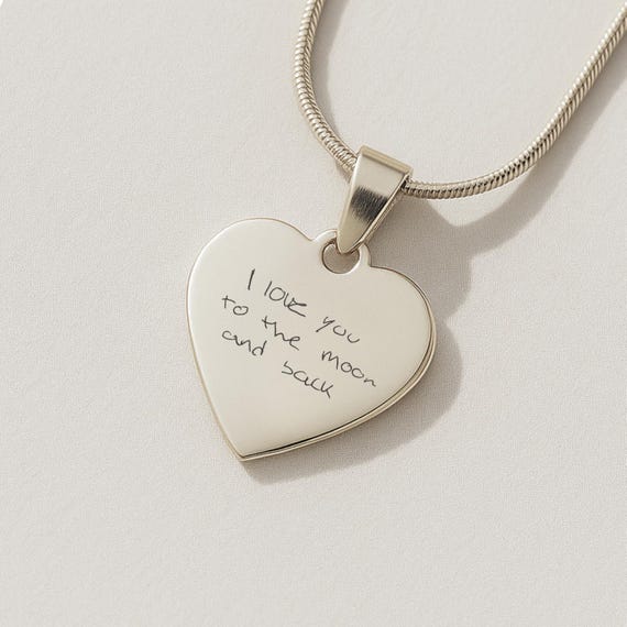Custom Engraved Heart Necklace in Stainless Steel – Handwriting, Fingerprint, Footprint or Drawing Jewelry Gift
