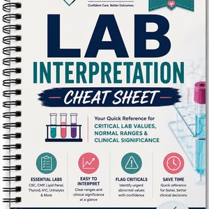 May include: A spiral-bound Lab Interpretation Cheat Sheet for 2024-2025 by NP Skills Made Easy. The white cover features dark blue and teal text, a test tube rack graphic, and four icons representing essential labs, interpretation, critical values, and time-saving.