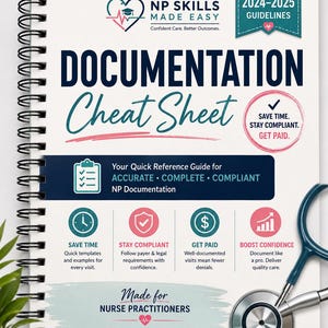 Pode incluir: Um caderno de espiral intitulado Documentation Cheat Sheet para NP Skills Made Easy, atualizado para as diretrizes de 2024-2025. A capa branca apresenta texto em azul escuro e rosa, ícones de tempo, conformidade e faturação, e um estetoscópio.