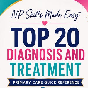 Puede incluir: Un libro de espiral titulado NP Skills Made Easy Top 20 Diagnosis and Treatment Primary Care Quick Reference. La cubierta blanca presenta un estetoscopio, un portapapeles, un frasco de medicina y pastillas, con iconos de clínica y práctica.