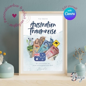 Prezent pieniężny na wyjazd do Australii | Możliwość personalizacji na miesiąc miodowy, urodziny I Szablon Canva, do samodzielnego wydruku