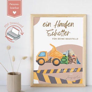 Póster creativo de regalo de dinero personalizable, para imprimir: idea de regalo y vale para constructores, construcción de viviendas, ceremonia de finalización de obra o sitio de construcción.