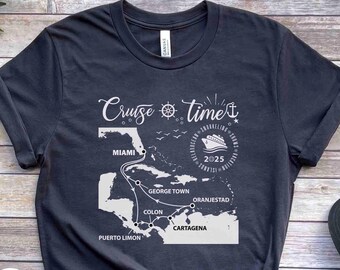 CRUISE Time, Férias em FAMÍLIA, Cruise 2025, MIAMI, Puerto Limon, Colon, Cartagena, Oranjestad, Georgetown, Camiseta unissex de manga curta