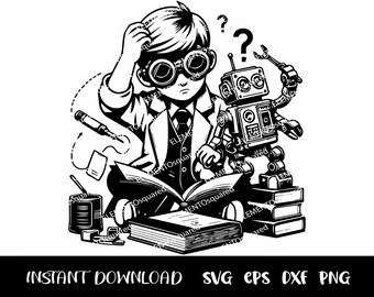 Kid SCIENTIST com Robot Svg, Silhuetas de Cientista, ROBOT Clipart, menino Cientista, experimentos CIENTÍFICOS svg Png Eps Dxf Download instantâneo