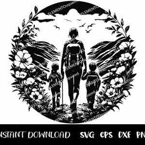 MOM Hiking svg, Woman HIKING with kids png, NATURE scene hiking Silhouette png mountain svg hiking clipart Eps Dxf Instant digital download
