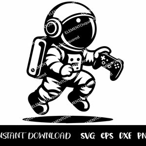May include: A black and white illustration of an astronaut wearing a space suit and holding a video game controller. The astronaut is running and has a backpack on.