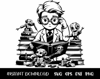 Kid CIENTISTA com robôs e livros, silhueta de cientista, s ROBOT Clipart menino cientista experimentos CIÊNCIA svg Png Eps Dxf Download instantâneo