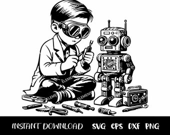 Kid SCIENTIST com Robot Svg, Silhuetas de Cientista, ROBOT Clipart, menino Cientista, experimentos CIENTÍFICOS svg Png Eps Dxf Download instantâneo