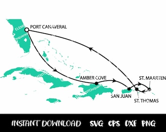 Itinerário do CRUZEIRO PORT CANAVERAL (Orlando), Amber Cove, San Juan, St. Maarten, Cruzeiro St. Thomas, Svg Eps Png Dxf Download instantâneo