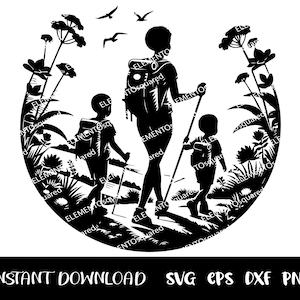 MOM Hiking svg, Woman HIKING with kids  png, NATURE scene hiking Silhouette png mountain svg hiking clipart Eps Dxf Instant digital download