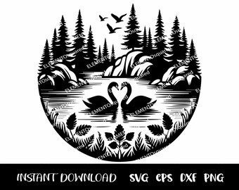 Cena LAKE com SWANS Svg, coração Eps, cena do lago png, cena do lago dxf, CANOE Svg, cena da natureza Svg, cena da floresta Svg Download instantâneo