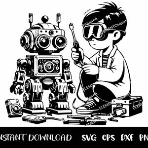 May include: A black and white illustration of a young person wearing goggles and a lab coat working on a robot. The robot has a round head with two large eyes and a rectangular body with a panel of buttons and dials. The person is holding a screwdriver and is looking at the robot.