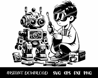 Kid SCIENTIST com Robot Svg, Silhuetas de Cientista, ROBOT Clipart, menino Cientista, experimentos CIENTÍFICOS svg Png Eps Dxf Download instantâneo