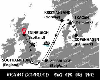 Mapa do itinerário do cruzeiro SOUTHAMPTON Zeebrugge Skagen COPENHAGUE Kristiansand, Southampton, cruzeiro em Edimburgo Svg Eps Png Dxf Download instantâneo