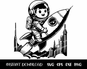 Astronauta Svg, Siluetas de astronauta, Imágenes prediseñadas espaciales, Astronauta con cohete, niño astronauta svg, Espacio SVG Png Eps Dxf Descarga instantánea