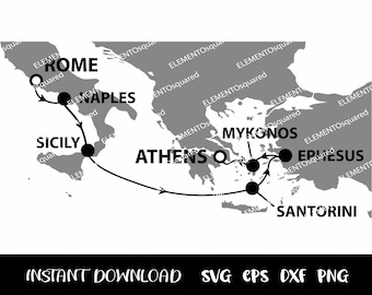 Mapa do itinerário do CRUZEIRO ROMA Santorini Mykonos Atenas Cruzeiro no Mediterrâneo Cricut Cruzeiro em família Cruzeiro de amigos Svg Eps Png DXF Download instantâneo