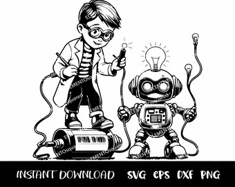 Kid SCIENTIST com Robot Svg, Silhuetas de Cientista, ROBOT Clipart, menino Cientista, experimentos CIENTÍFICOS svg Png Eps Dxf Download instantâneo