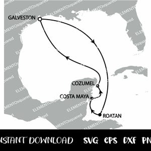 May include: A black and white map of the Caribbean Sea with a route marked in black with arrows. The route starts in Galveston, Texas, and goes to Cozumel, Mexico, and then to Roatan, Honduras.