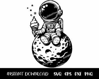 Um menino ASTRONAUTA em um METEORITO segurando um sorvete, Silhuetas de astronautas, Clipart de ESPAÇO, Pequeno astronauta Svg Png Eps Dxf Download instantâneo