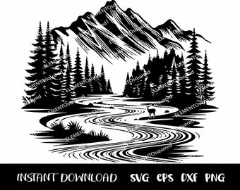 Cena do lago SVG, cena do lago Eps, cena do lago png, cena do lago dxf, CANOE Svg, cena da natureza Svg, cena da floresta Svg Download instantâneo