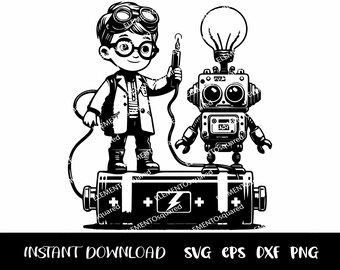 Kid SCIENTIST com Robot Svg, Silhuetas de Cientista, ROBOT Clipart, menino Cientista, experimentos CIENTÍFICOS svg Png Eps Dxf Download instantâneo