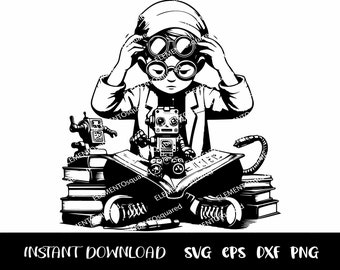 Kid SCIENTIST com Robot Svg, Silhuetas de Cientista, ROBOT Clipart, menino Cientista, experimentos CIENTÍFICOS svg Png Eps Dxf Download instantâneo
