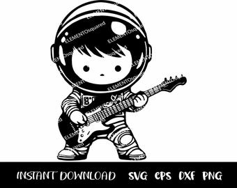 Um menino ASTRONAUTA tocando violão, Silhuetas de astronautas, Clipart de ESPAÇO, Pequeno astronauta Svg Png Eps Dxf Download instantâneo