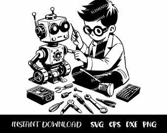 Kid SCIENTIST com Robot Svg, Silhuetas de Cientista, ROBOT Clipart, menino Cientista, experimentos científicos svg Png Eps Dxf Download instantâneo