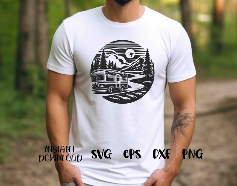 Camper SVG, Camper in Road Svg, Camper in Woods, Pine Trees Svg, Rv Svg