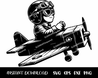 Kid AVIATOR Svg, garotinho PILOT Silhouette, piloto Clipart, sonhos de criança, garoto viajante em capacete de aviador svg Png Eps Dxf Download instantâneo