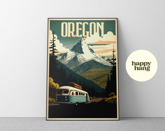 Oregon Travel Poster, Illustration, Mountains, Forest, Nature Print, Home Decor, Office Art, Retro Art, Mt. Hood