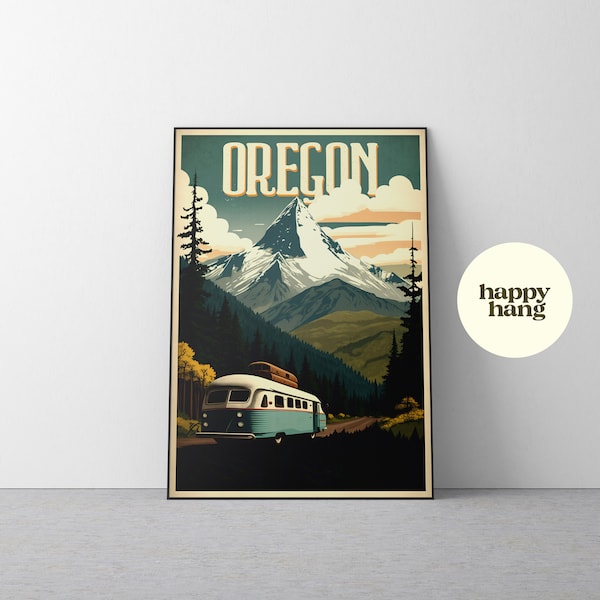 Oregon Travel Poster, Illustration, Mountains, Forest, Nature Print, Home Decor, Office Art, Retro Art, Mt. Hood