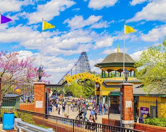 West Mifflin - Kennywood Entrance on Opening Day 2024 on Sunny April Afternoon With Pink Blossoms