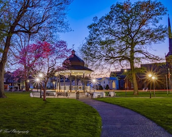 John Moreschi Gazebo and Bethel AME Church at Dusk on Clear April Evening With Pink Blossoms and Light Trail in Background