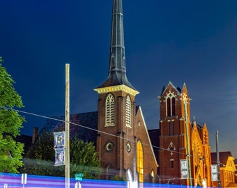 Light Trails Passing By Bethel AME Church and St. Andrews The Apostle Parish