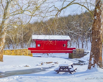 Ebenezer Covered Bridge Centered Between Sycamore Trees With Picnic Table and Sunlit Snow Covered Landscape