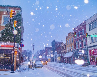 Snowy January Night at Corner of Third Street and Main Street