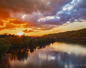 Vibrant Orange and Yellow April Sunset During End of Golden Hiur Over Monongahela River from Mon City Bridge