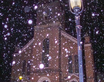 First United Methodist Church With Nativity on Snowy December Morning