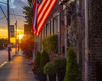 Old Colonial Style Home with American Flag on Main Street, Monongahela