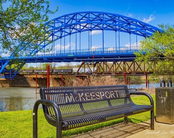 McKeesport - Bench at Richard J. Gergely Park With Jerome Street Bridge and Passing Train in Background on Sunny April Morning