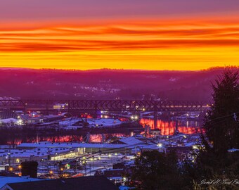 Charleroi - Vibrant Purple and Orange January Sunrise Over Speers Railroad Bridge and Belle Vernon Bridge from Highland Avenue