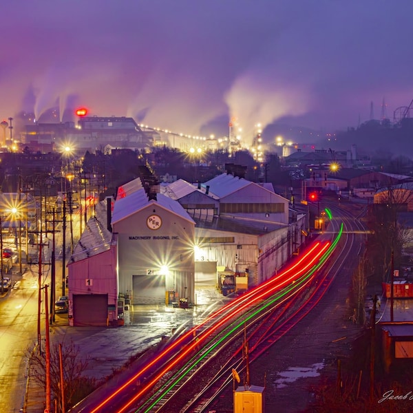 Edgar Thomson from Rankin Bridge on Foggy January Morning With Light Trails from Capitol Limited