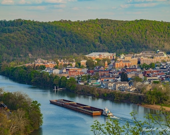 Coal Center - Towboat Pushing Barges Up Monongahela River Between California and Newell During Golden Hour on Clear April Evening