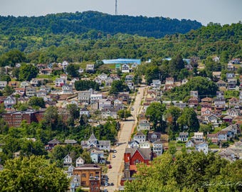 Monessen - Looking Out Over 6th Street in Charleroi from Grandview Cemetery on Hot July Late Morning (Puzzle)