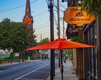 Elizabeth - South 2nd Street in Front of Masaya Wellness with Elizabeth United Methodist Church and Moon in Background on April Morning