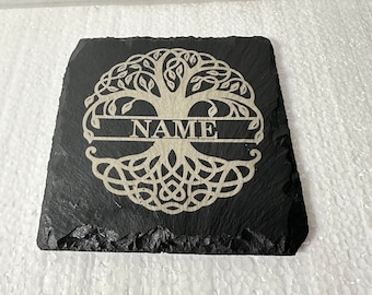 Single Pack Laser Engraved Slate Family Tree of Life Name Monogram Coasters/Wedding Gift/House Warming Gift 4x4 in