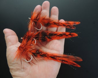 ET096 Orange Griz Set of 3 Deceiver Saltwater Fly Fishing Striped Bass Sea Trout Bluefish Lure Whiting Feathers Size 1/0 Mustad Tarpon Hook