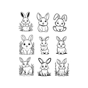 May include: A set of nine black and white illustrations of cute cartoon bunnies in various poses. Each bunny is surrounded by simple grass.